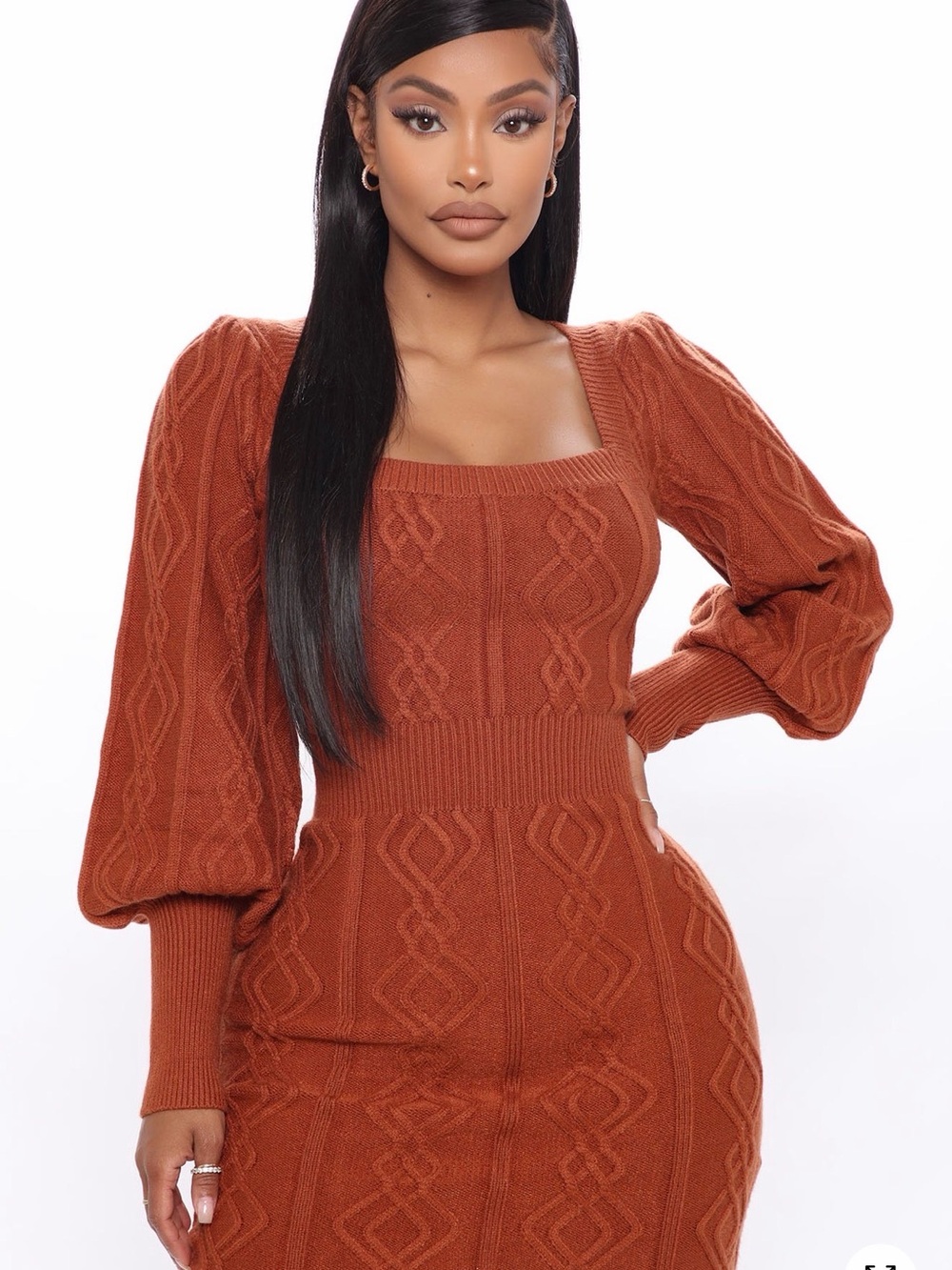 Fashion Nova Rust Cable-Knit Puff Sleeve Bodycon Dress